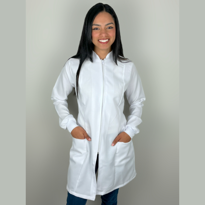 Jaleco Branco Feminino Acinturado com Zíper e Pun