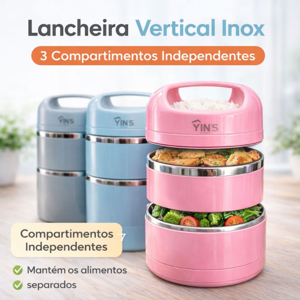 Lancheira Vertical Inox 1080ml 3 Compartimentos Li