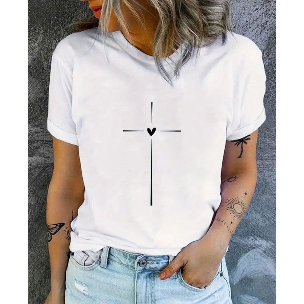 Blusa T-shirt Feminina Cruz Coração Confortável