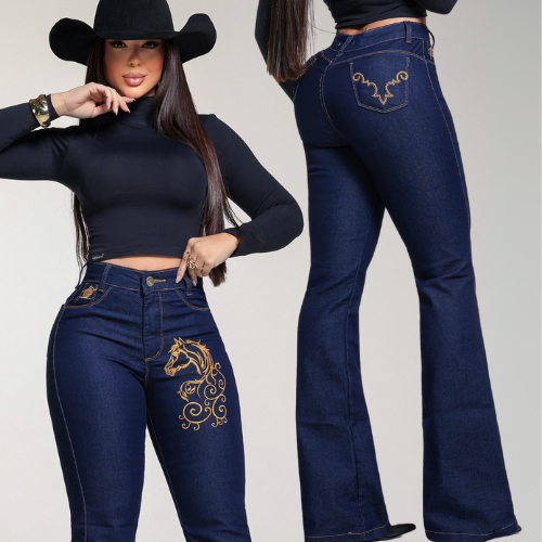 Calça Jeans Country Feminina Bordada Flare Com El