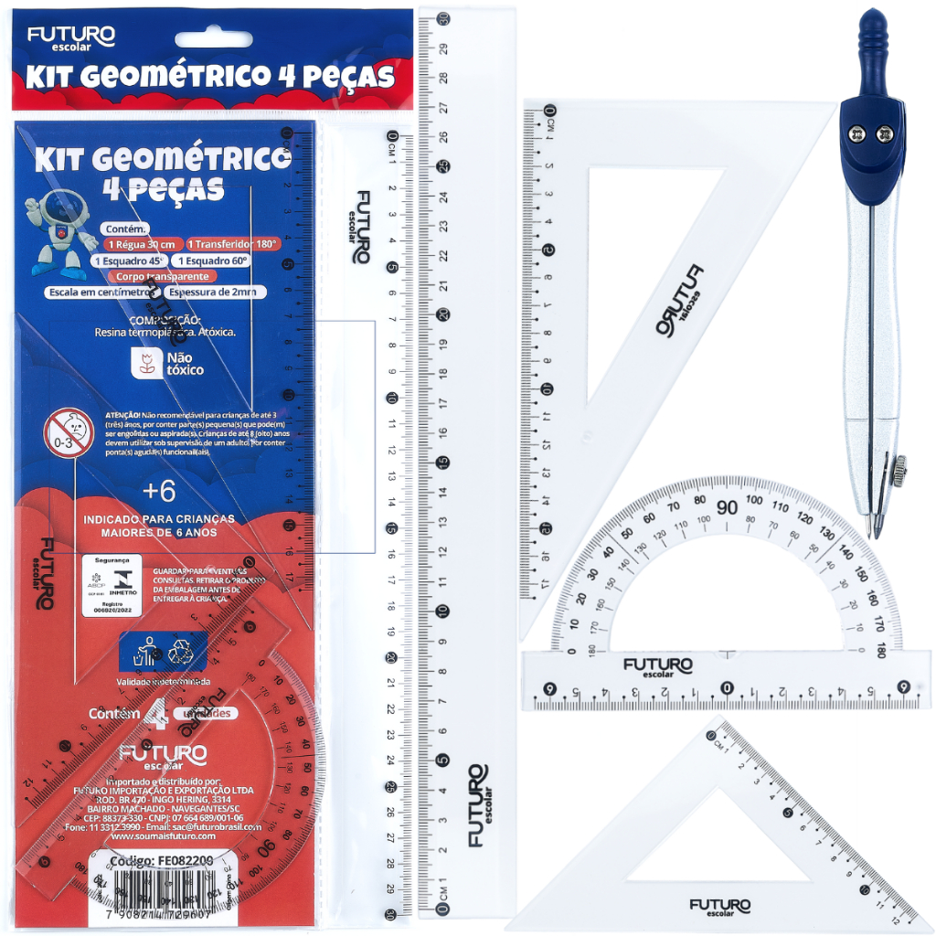 Kit 5 Peças Geométrico Escolar Transferidor Esqu