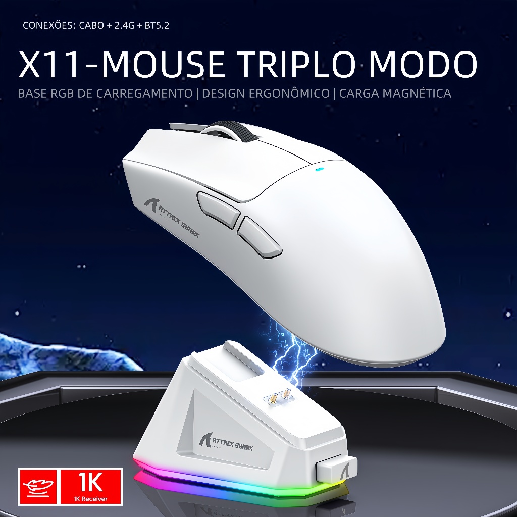 Mouse Sem Fio Attack Shark X11 Conexão Tripla 2.4