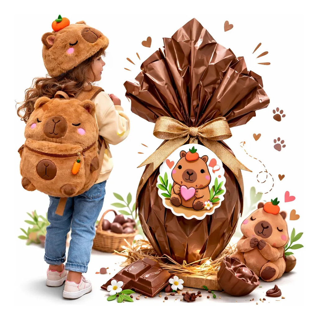Kit Páscoa Infantil Mochila Capivara com Touca + 