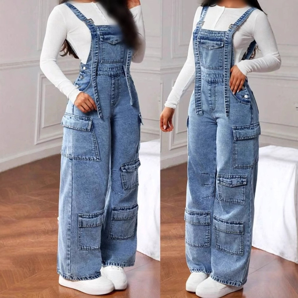 Jeans femininos calças Jeans macacão Multi-bolso