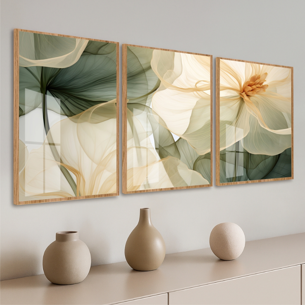 Quadro Moldura e Vidro Kit 3 Peças Grandes Flor V