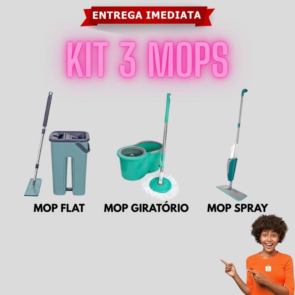 Kit 3 Mop Giratório Flat Spray Spin Inox Grande