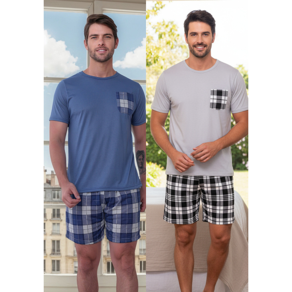 Kit 2 Pijamas  Xadrez Masculino Verão Manga Curta