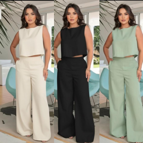 Conjunto Feminino Linho Calça Pantalona + Blusa r