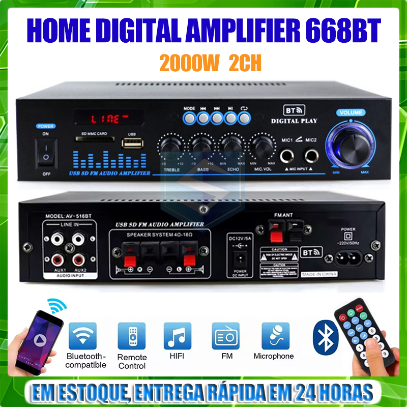 Amplificador 668BT De Som 2000W Blue-tooth 12V 220