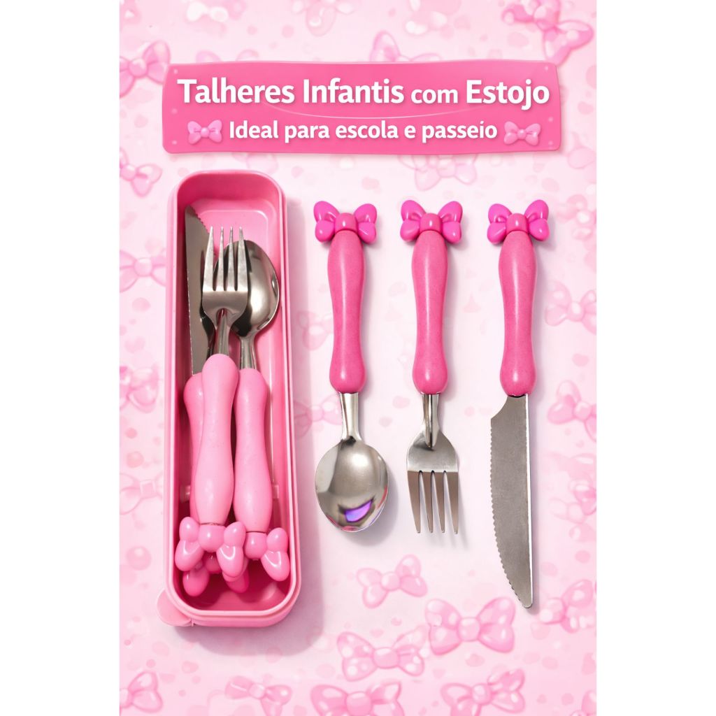 Kit Talher Rosa Divertido 3 peças Infantil Estojo