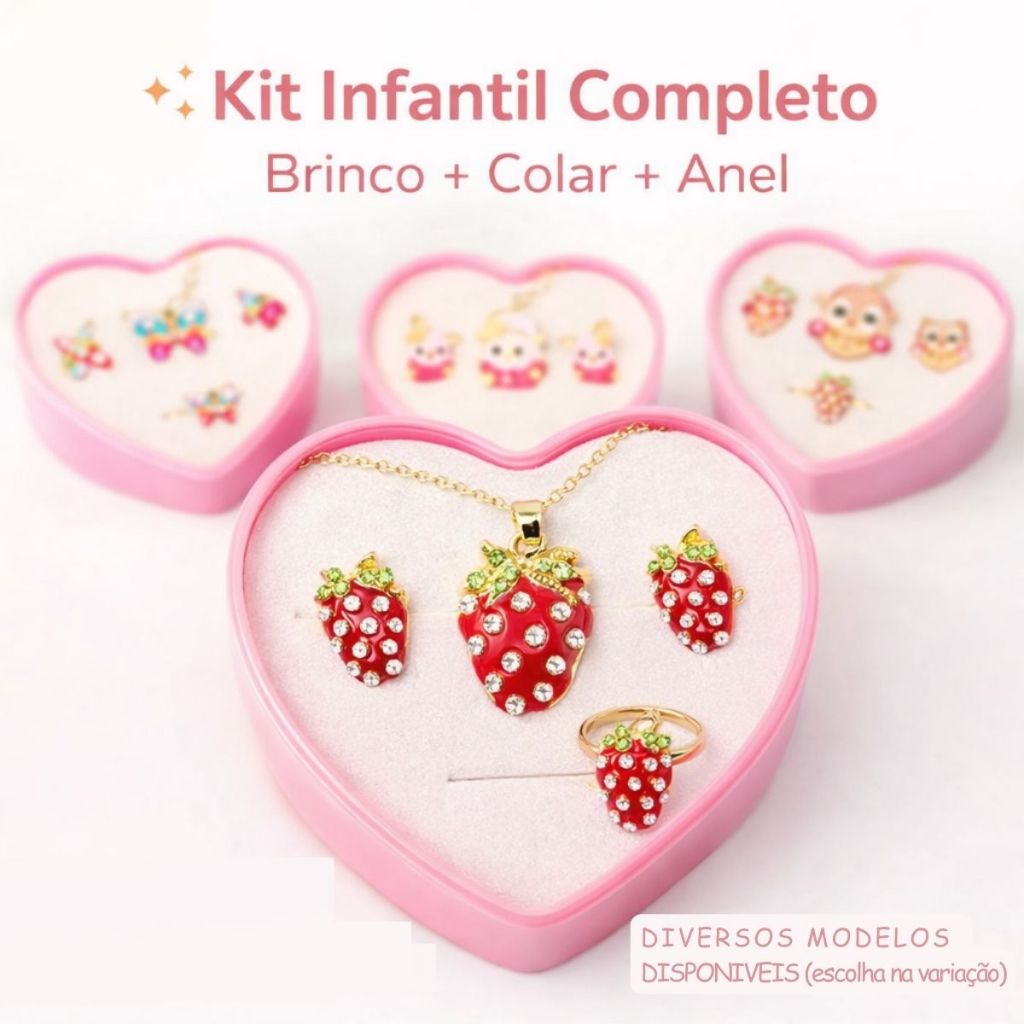 Colar + Brinco + Anel Infantil Menina Bijuteria Co
