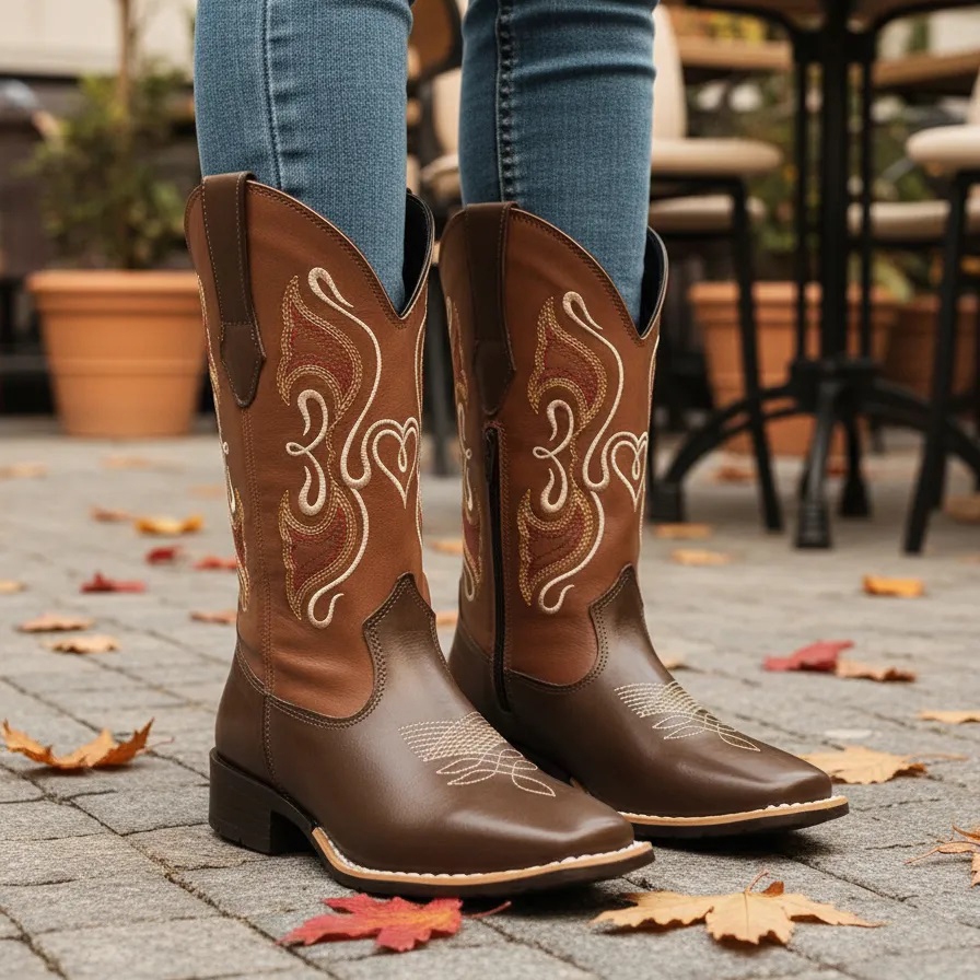 Bota Texana Feminina Adulto em Couro Bordada Queim