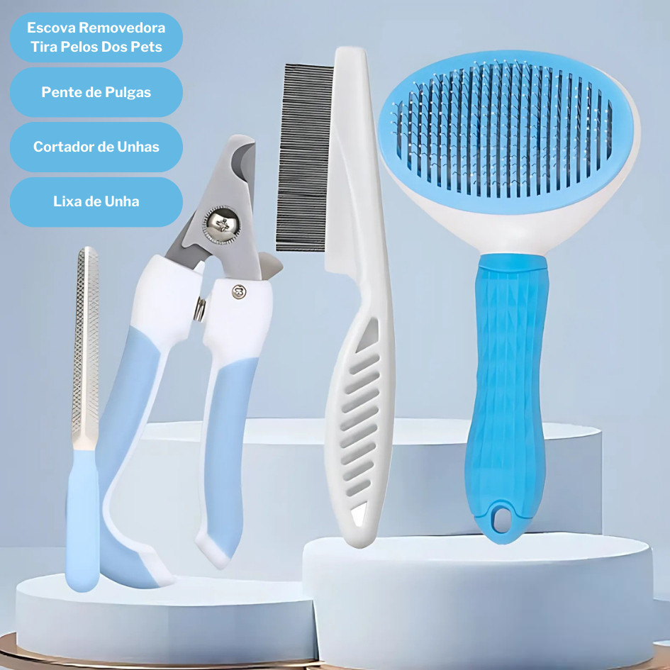 Kit Higiene Pet 4 em 1: Escova Removedora de Pelos