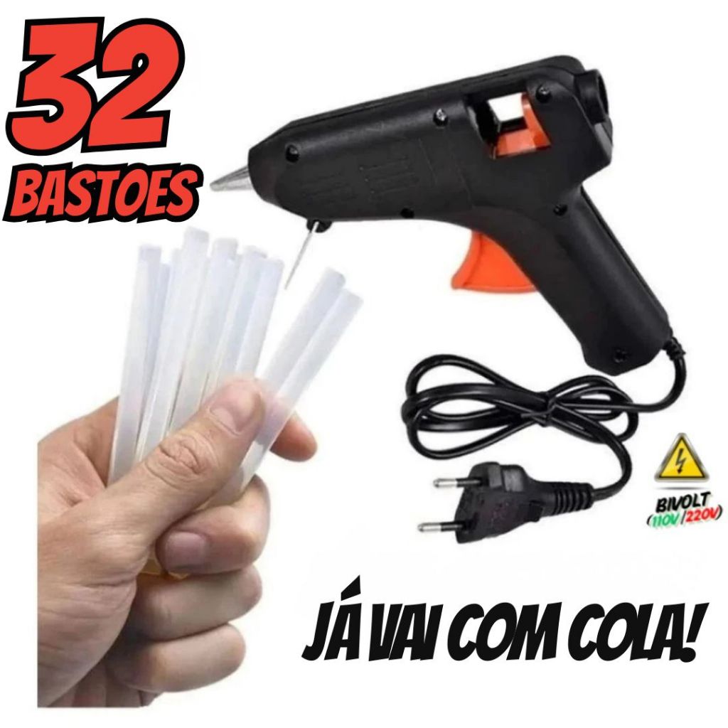Pistola de Cola Quente + 32 Bastões de Cola Quent