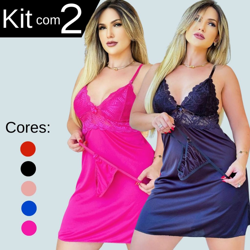 Kit Com 2 Camisola Com Renda E Calcinha Fio Dental