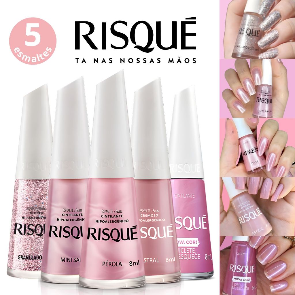 Kit 5 Esmaltes Risqué Tons Rosa Glitter Cintilant