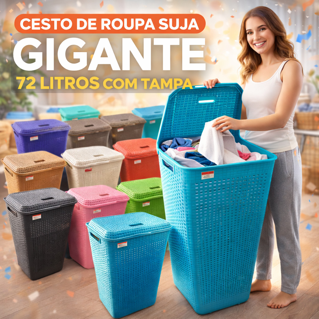 Cesto de Roupa Suja com Tampa 72L Grande Plástico