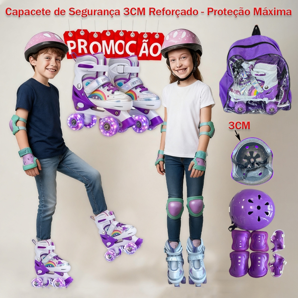Kit Patins Infantil Completo Ajustável + Capacete