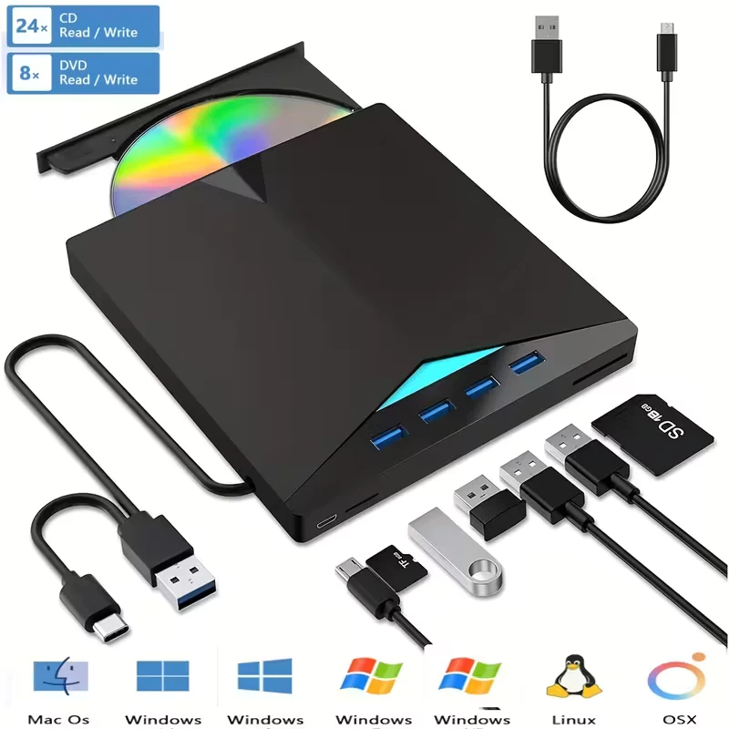 7 em 1 USB3.0 Tipo-C Unidade Móvel Externa CD DVD