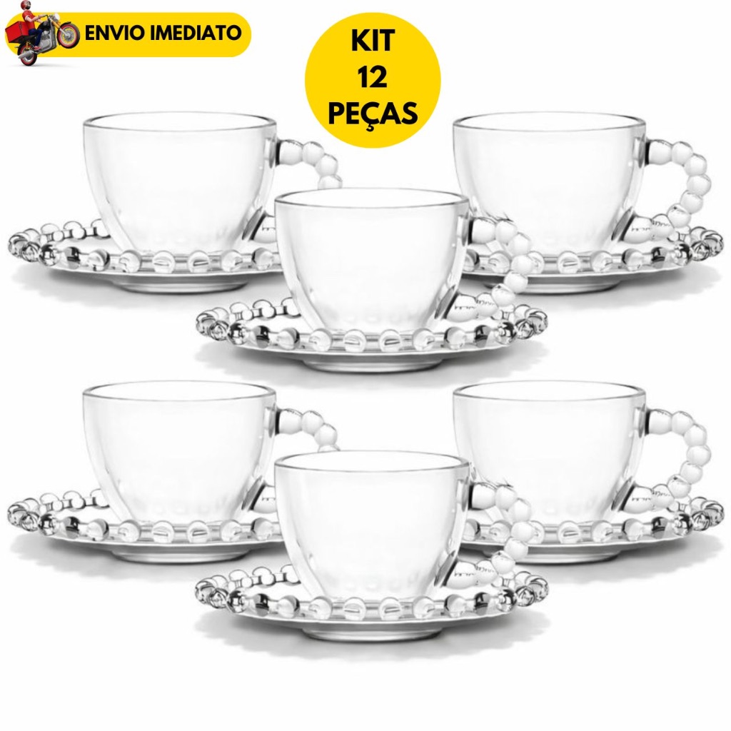 Jogo de Xícaras de Vidro 220ml com Pires Pérola