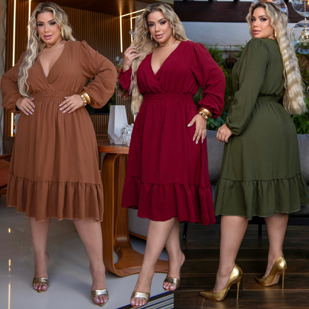 Vestido Plus Size Midi Manga Longa Festa Decote V 