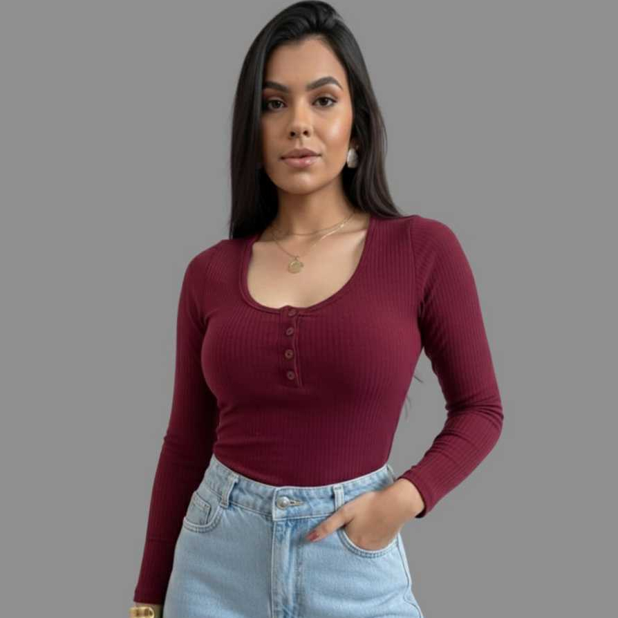 Blusa Básica Canelada Feminina Gola Redonda Botõ