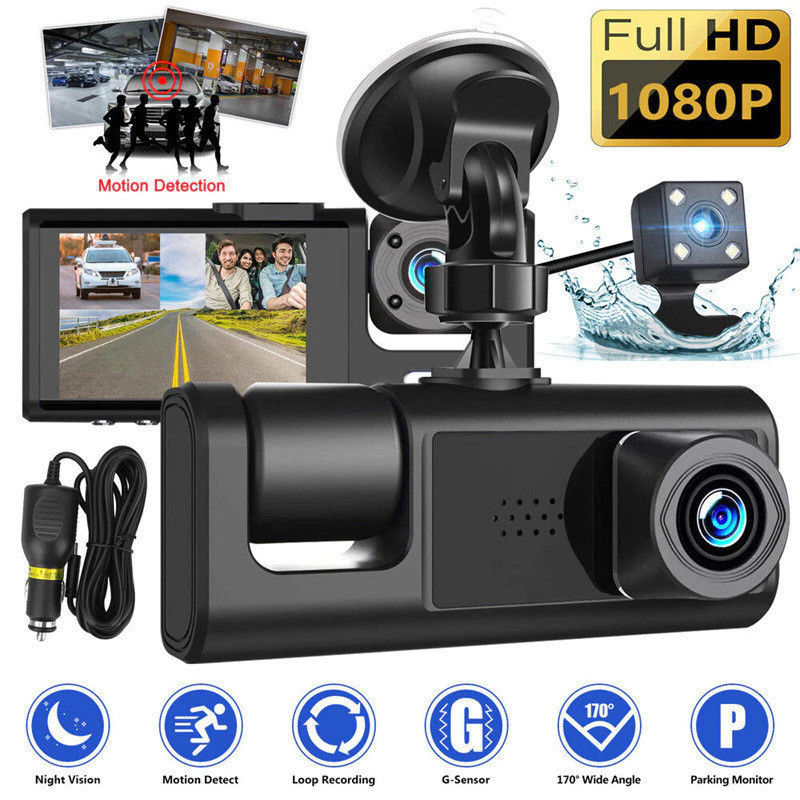 Câmera Traço Para Carro 1080P HD Dash Cam 3 Câm