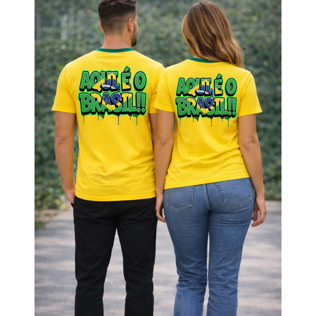 Kit 2 Camiseta Casal  Estampa Aqui é o Brasil Hex