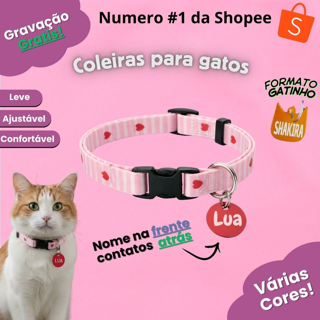 Coleira para gatos com plaquinha de identificaçã