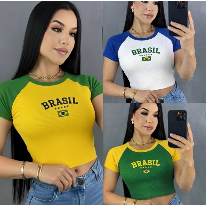 Cropped do Brasil Feminino Bicolor Manga Curta Rib