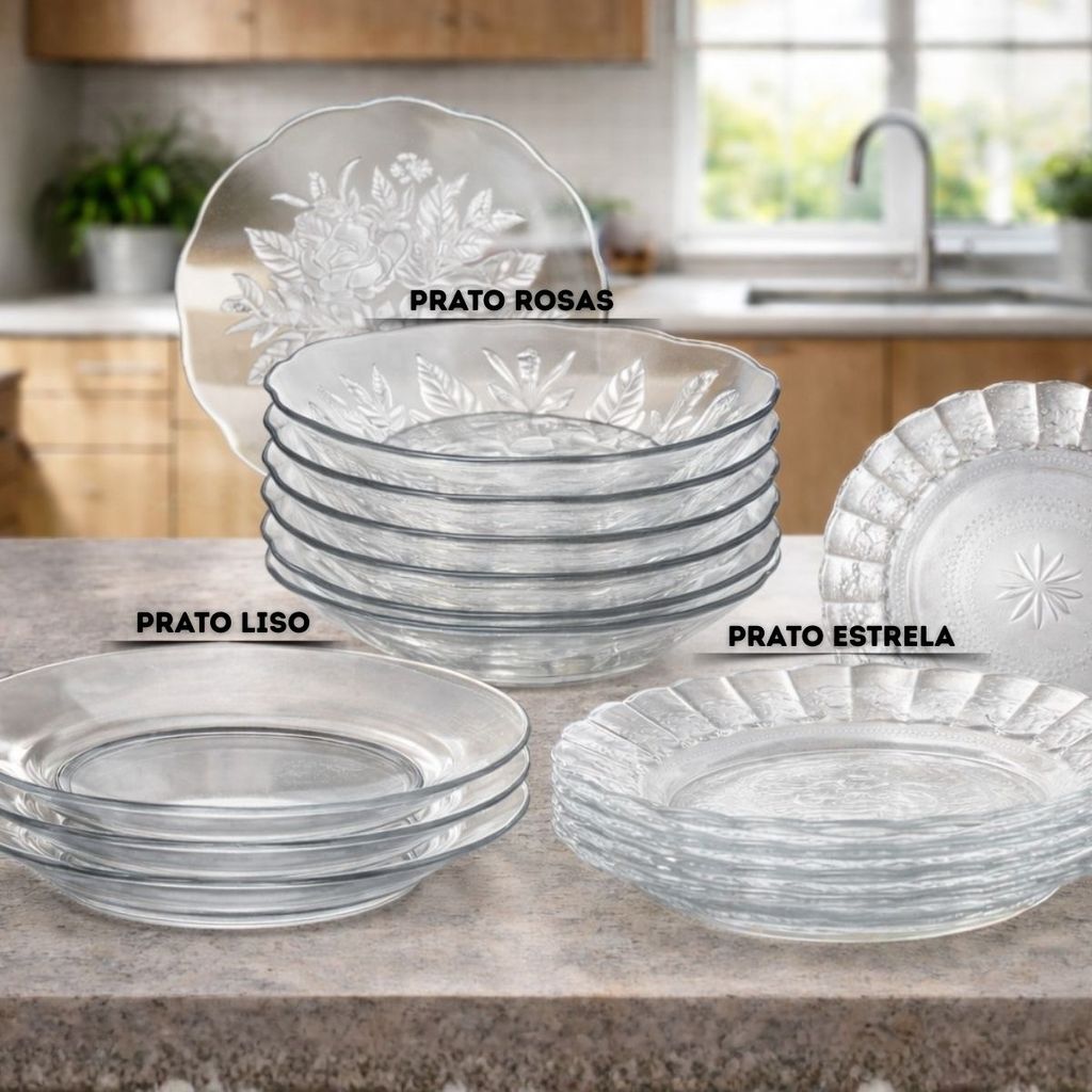Kit 12 Pratos de Vidro Resistentes 22cm  Egípcio 