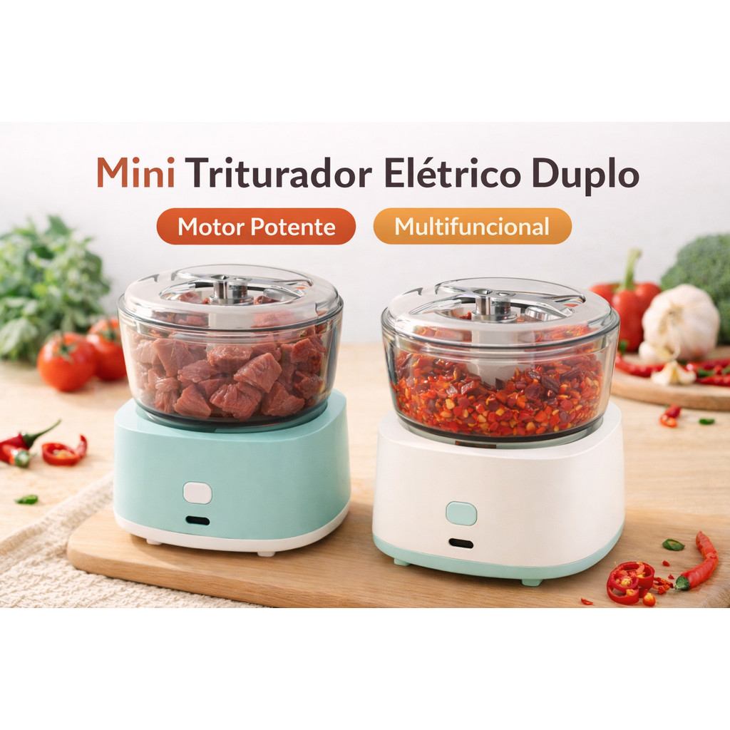 Mini Triturador Elétrico Duplo USB Recarregável 