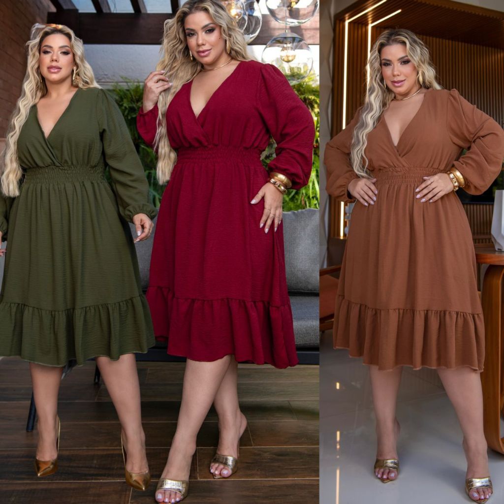 Vestido Plus Size Midi Soltinho com Decote V Manga