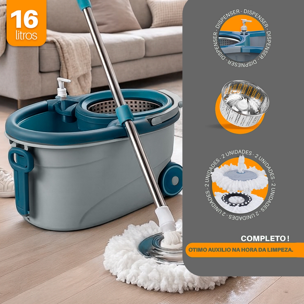 Mop 16 Litros Cabo 160 Cm + 2 Refis  Com Cesto Em 