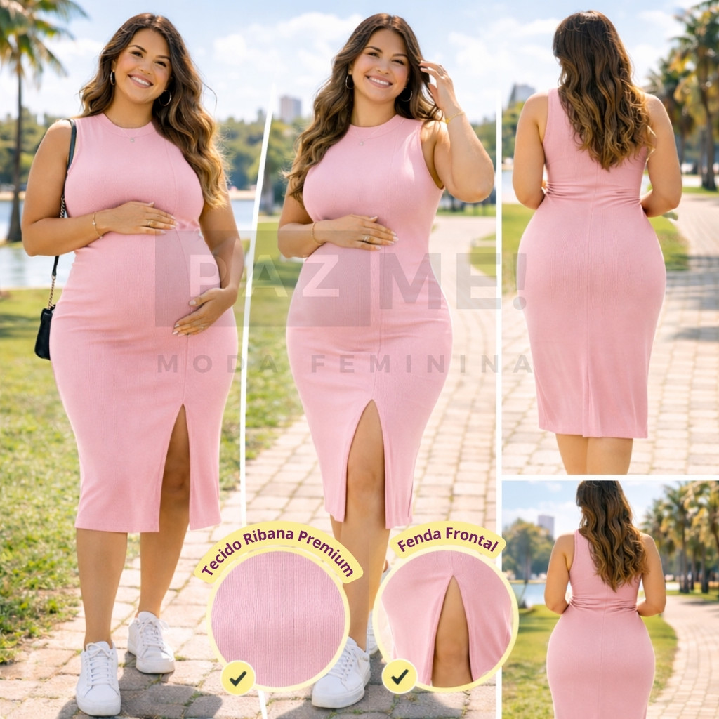 Vestido Midi Para Gestante Com Fenda e Tamanhos Pl