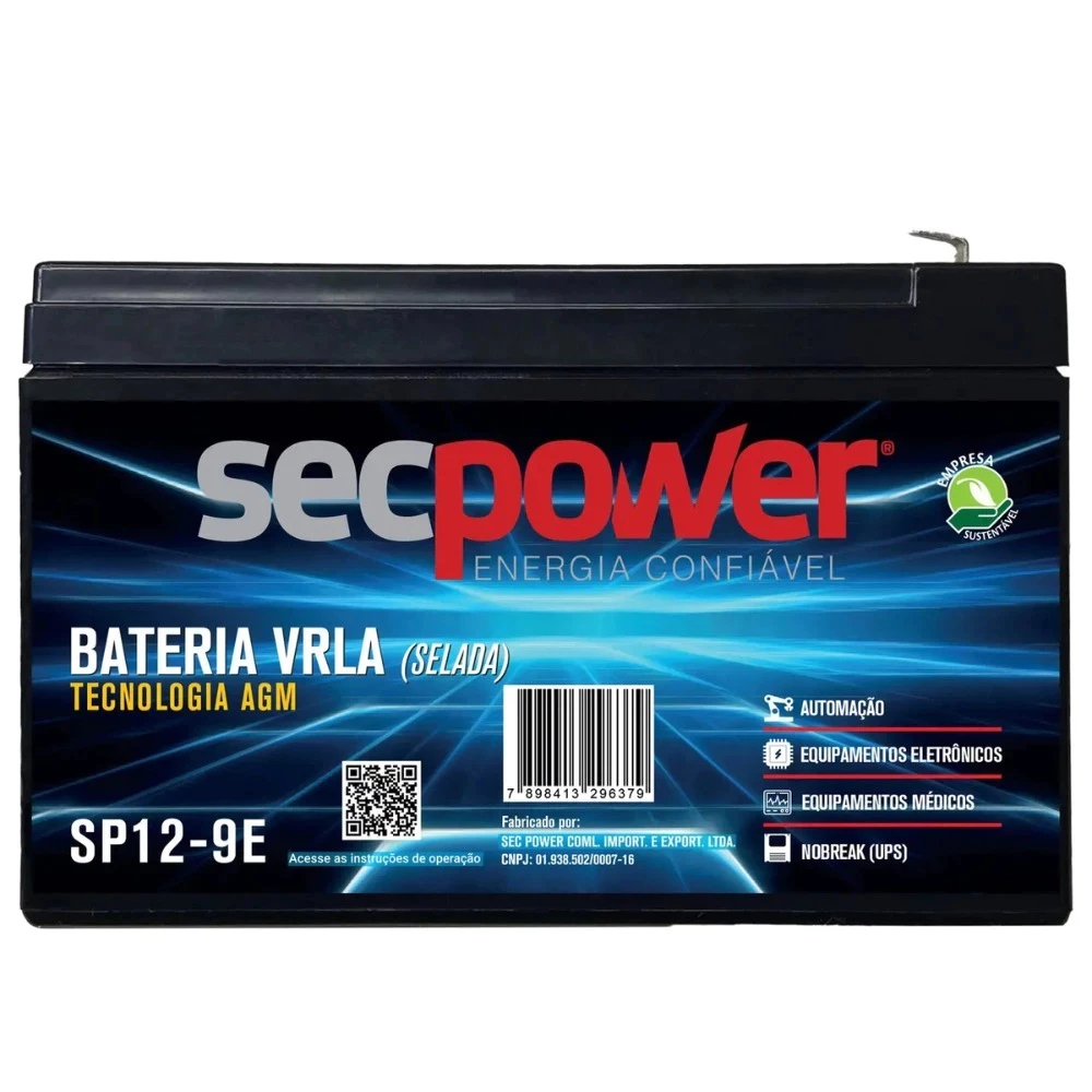 Bateria Selada Secpower Vrla 12V 9ah Alarmes, Cent