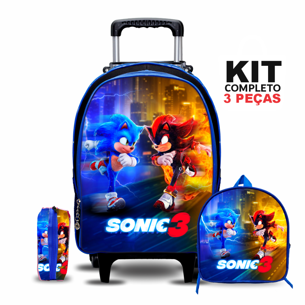 Kit Mochila Escolar Sonic 3 com Lancheira e Estojo