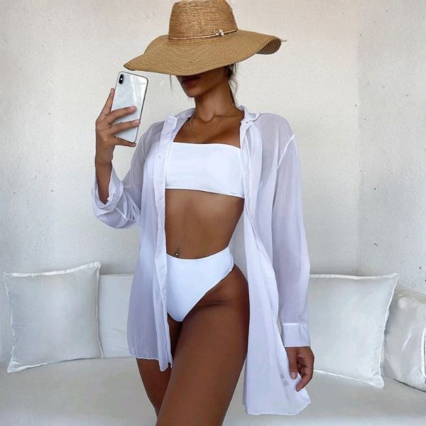 Saída de Praia Feminino Kimono Estiloso Camisa Bl