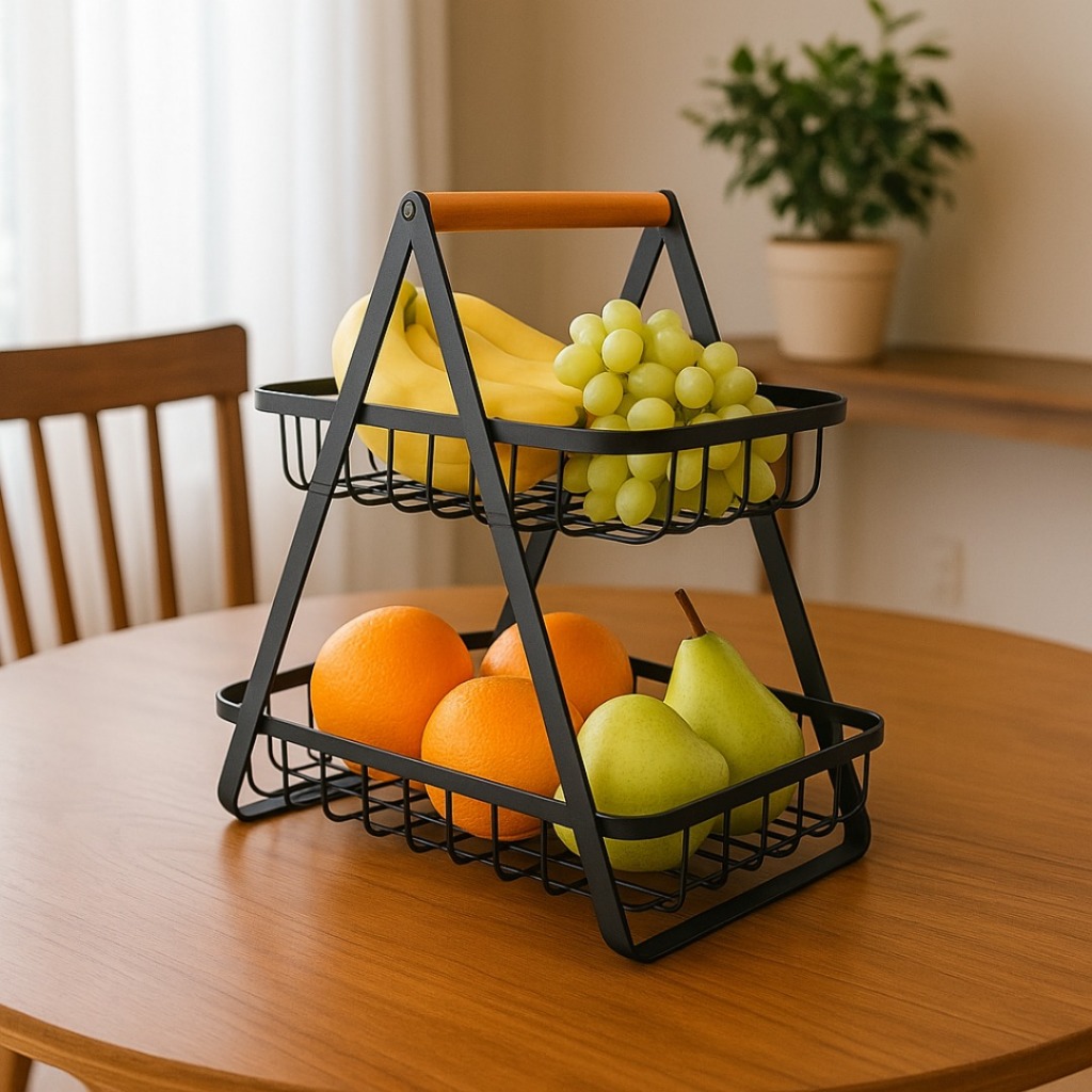 Fruteira de Mesa 2 Andares Metal Alça de Bambu Or