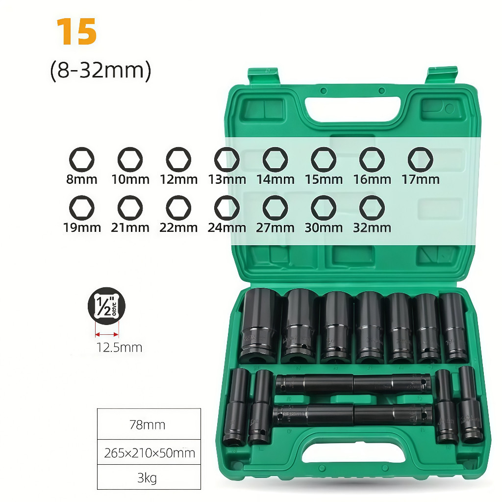15 Peças Jogo de Soquetes de Impacto Longo 1/2  8