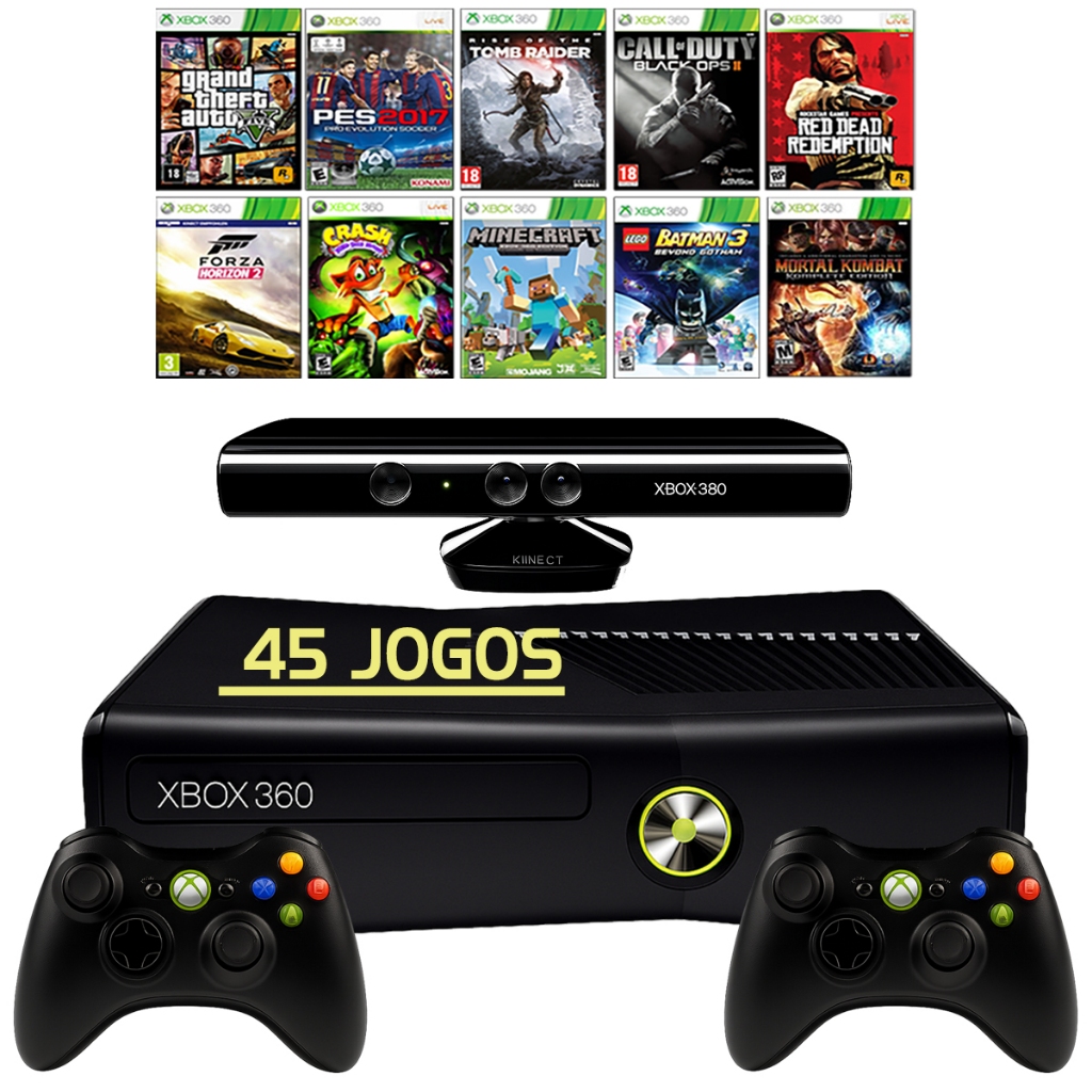 Xbox 360 Slim Preto + Controles + Kinect + 45 Jogo
