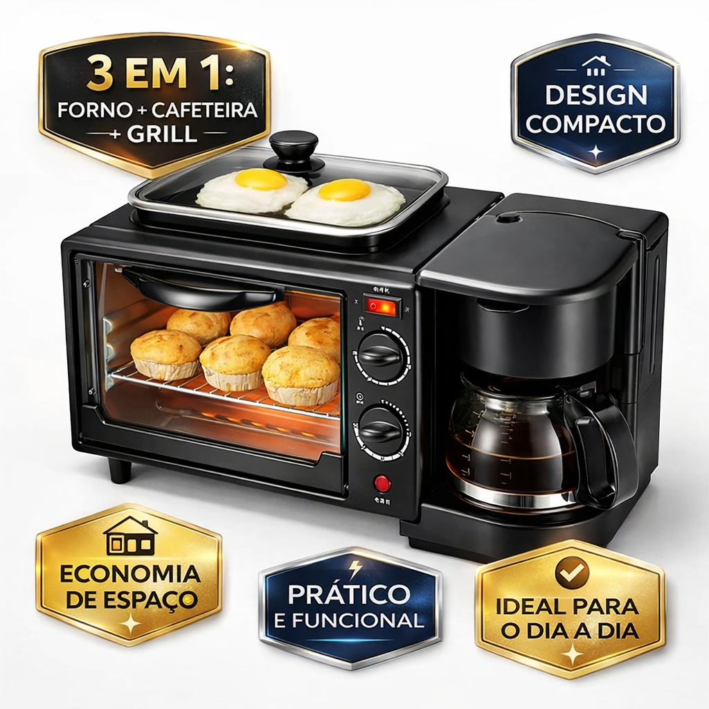 Forno De Bancada Elétrico 3 Em 1 Cafeteira Forno 