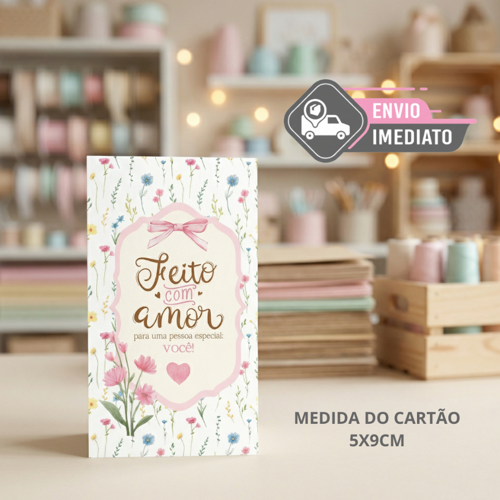 Kit Cartão de Agradecimento Feito com Amor 5x9cm 