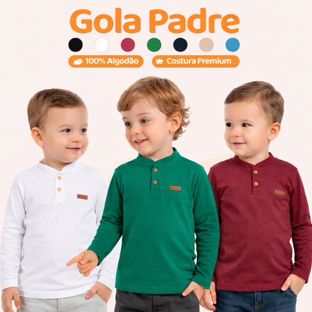 Camiseta Manga Longa Social Bebê Menino  Gola Pad