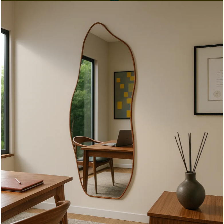 Espelho Grande Orgânico Com Moldura Em Couro Corp