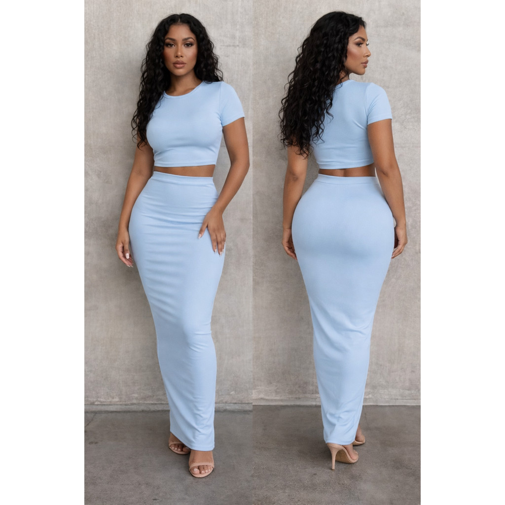 Conjunto Feminino Cropped Manga Curta + Saia Midi