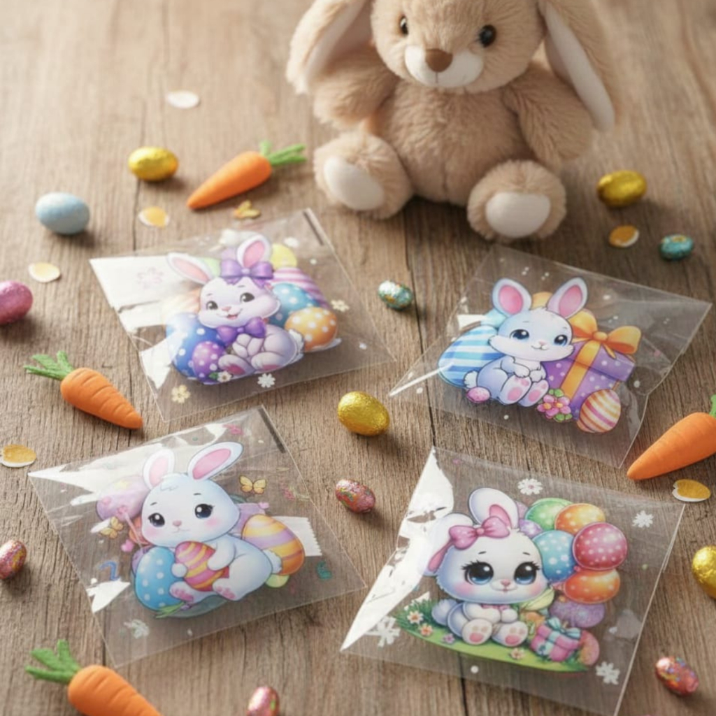 KIT 50 SAQUINHOS AUTO ADESIVOS PÁSCOA COELHINHO F