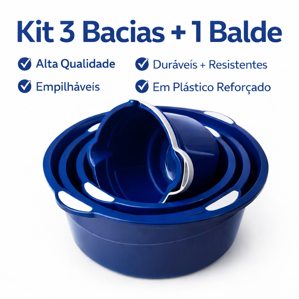 Kit 3 Bacias + 1 Balde Plástico Reforçado Empilh