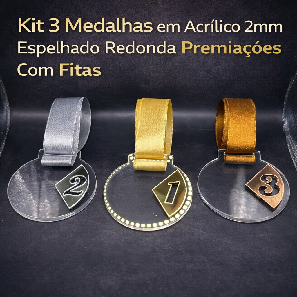 Kit 3 Medalhas em Acrílico 2mm Espelhados Redonda