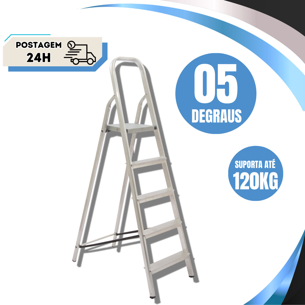 Escada 5 Degraus Alumínio Doméstica Dobrável Fo